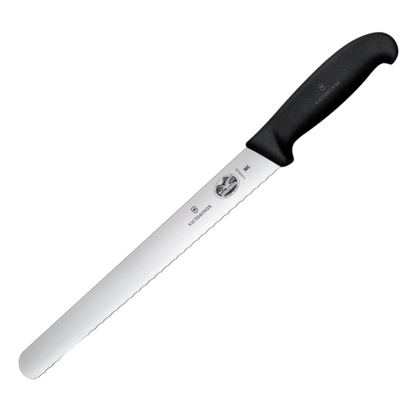 Victorinox Fibrox 25cm Slicing Knife, Wavy Edge, Black - 5.4233.25