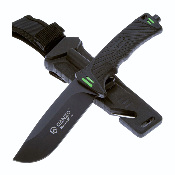 Ganzo G8012-BK - Survival Fixed Blade Knife (Black) with Cutter and Fire Starter and Sheath