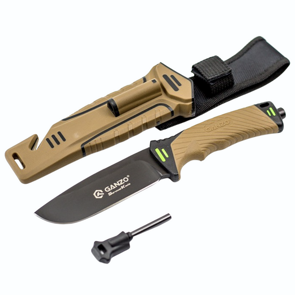 Ganzo G8012-DY - Survival Fixed Blade Knife (Brown) with Cutter and Fire Starter and Sheath