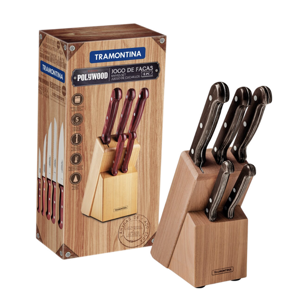 Tramontina Polywood 6-Piece Knife Set with Stainless-Steel Blades and Brown Treated Wood Handles with Wood Block - 21199983